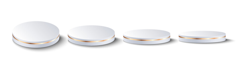 White matte round podium, winner platform or product display from different angles. White round stage, exhibition stand isolated on transparent background, 3d vector. 3D Illustration