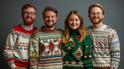 Fototapeta premium Four friends wearing festive sweaters smile for a portrait. They are dressed in holiday attire and appear to be happy and cheerful. The background is a plain grey color.