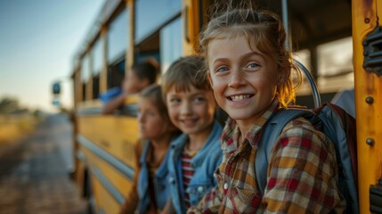 Obraz premium Smiling children on a school bus, looking out the window with excitement. The bus is yellow and old. The children are wearing backpacks.