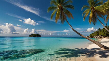 Naklejka premium Natural landscape view of beautiful tropical beach and turquoise sea water on paradise beach around tropical island, holidays background, exotic beach with coconut palm tree, Beach sea space