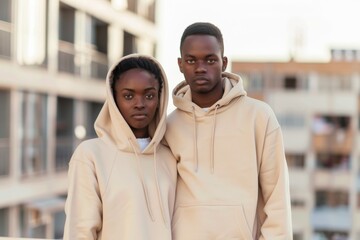 Naklejka premium African couple wearing beige sweatshirts Photo of an attractive young black man and woman wearing plain cream colored hoodies