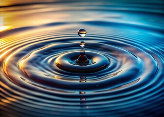 Dramatic close-up of water droplet impact creating circular ripples and concentric waves on a serene calm surface, capturing fleeting moment of fluid dynamics.