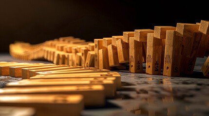 A graph made of dominoes falling, visually representing the cascading effect of economic crisis