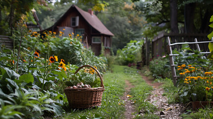 Harvest Basket in Lush Garden Pathway