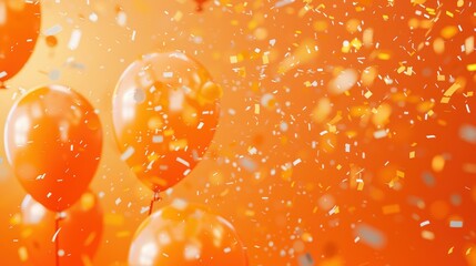 Bright orange balloons and confetti create a festive celebration atmosphere, filling the scene with energy and joy.