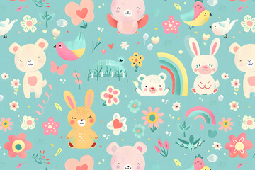 Seamless Easter pattern featuring cute rabbits, flowers, and hearts in a playful design with pink and fun elements