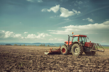 Fototapeta premium Red tractor working in a rural field under a blue sky