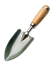 Ergonomic Garden Trowel With Wooden Handle and stainless steel blade, ideal for comfortable gardening and planting tasks. Isolated on transparent background, png.