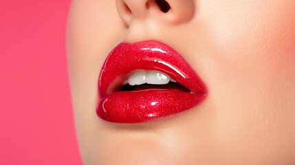 Fototapeta premium A woman with red lips and a pink background. The lips are shiny and have glitter on them