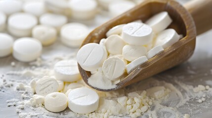 Pharmaceutical Tablets and Powder in Wooden Scoop