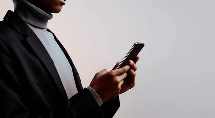 Close-up of an African American businessman in a suit using a smartphone. The image emphasizes technology, business, and modern communication