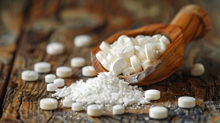 Natural Supplements Wooden Scoop Rustic Background