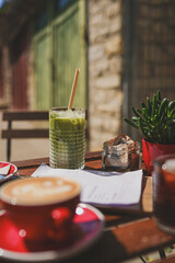 A vibrant collection of coffee, lemonades, ready meals, bistro photography, and desserts. Enjoy gourmet drinks, plated dishes, and sweet treats, perfect for showcasing culinary artistry and café ambia