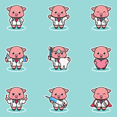 Vector illustration of Cute Character Cartoon of Pig Doctor. Pig character different poses illustration. Flat Cartoon Style. Animal Health Concept. 