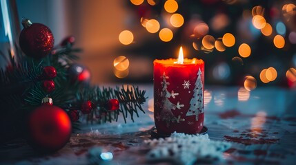 Christmas Candle and Decorations with Festive Bokeh Lights