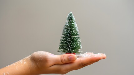 Miniature Snowy Christmas Tree Held in Hand