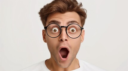 A man with a beard and a surprised expression on his face. He is wearing a white shirt