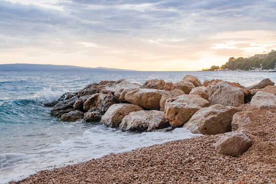 Sunset at Brela beach in Croatia