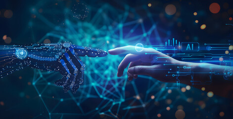 a robot finger and a human hand finger touching each other at the fingertips, plain blue background