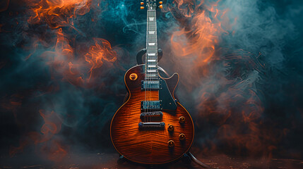 photo of a classical guitar with light smoke in the background