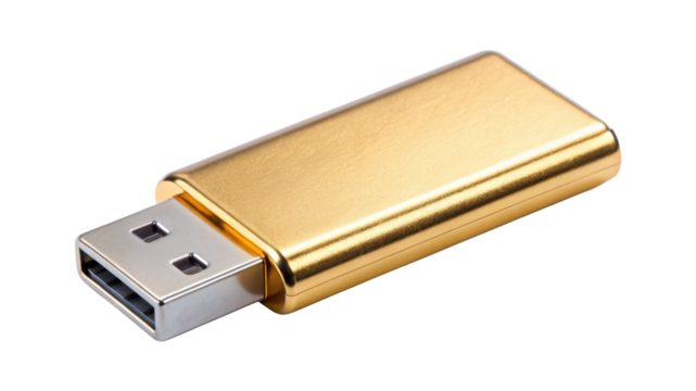 Gold USB Flash Drive with a sleek design, perfect for portable data storage and transfer. Isolated on transparent background, png.