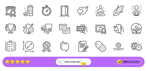 Yoga balance, Time management and Alarm clock line icons for web app. Pack of Circle area, Best market, Iodine mineral pictogram icons. Article, Capsule pill, Image album signs. Search bar. Vector