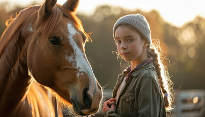 Teenage girl taking care of a horse