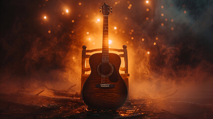 photo of a classical guitar with light smoke in the background