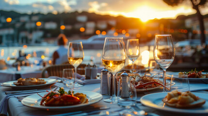 Elegant table setting with local products with fine wines on the table. Restaurant reserved table overlooking the sunset harbor. Concept of food, relaxation, beauty.