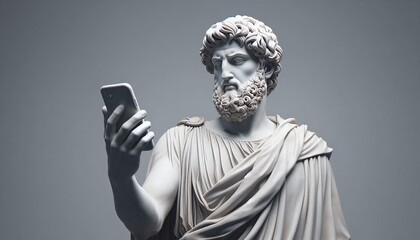 a statue of a Greek philosopher with a mobile phone in his hand