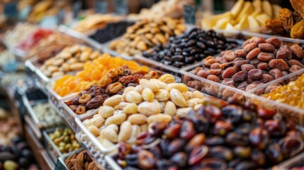 A Colorful Display of Dried Fruits and Nuts at a Market