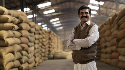 young indian man standing with stack of sack