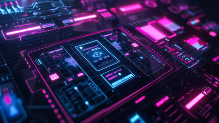 A computer screen with a purple background and a blue and pink screen with a green and white text.