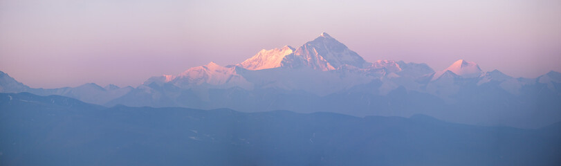 Breathtaking large panoramic view of sunrise on Mount Everest or Chomolungma