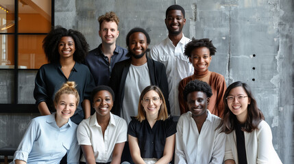 Obraz premium Diverse group of smiling business professionals collaborating in modern meeting room during daytime