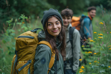 Fototapeta premium young indian tourist people group walking at forest