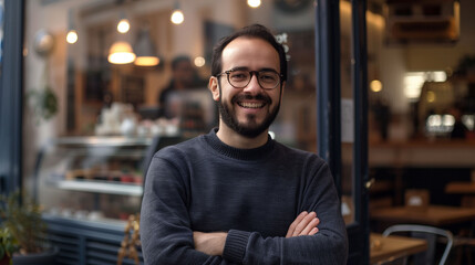 Fototapeta premium Smiling small business owner standing proudly in front of cozy café at morning