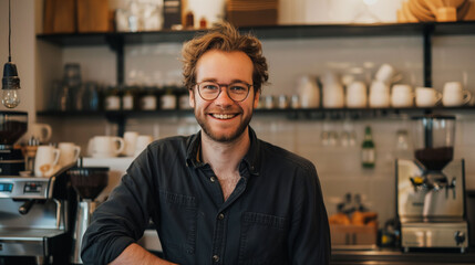 Smiling small business owner in their cozy caf&eacute; at morning hours