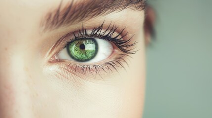 Obraz premium A striking image of a green eye, shot in a minimalistic style with a plain background, creating a focused and clean look with lots of copy space.