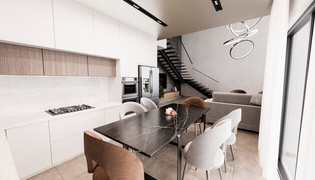 Interior of modern kitchen with dining table