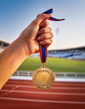 Primer plano de la mano de una mujer deportista sujetando una medalla ol&iacute;mpica con un estadio deportivo de fondo en las Olimpiadas en atletismo de manera triunfante