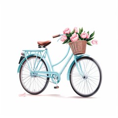 A vintage bicycle with a basket of flowers, isolated on a white background in watercolor style