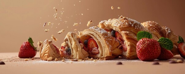 Delectable pastry filled with strawberries, dusted with powdered sugar and presented on a rustic background.