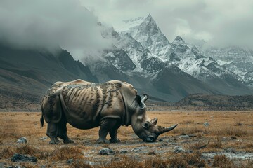 Fototapeta premium Rhinoceros on the mountain, emphasizing the majesty of the animal in the wild, rugged setting