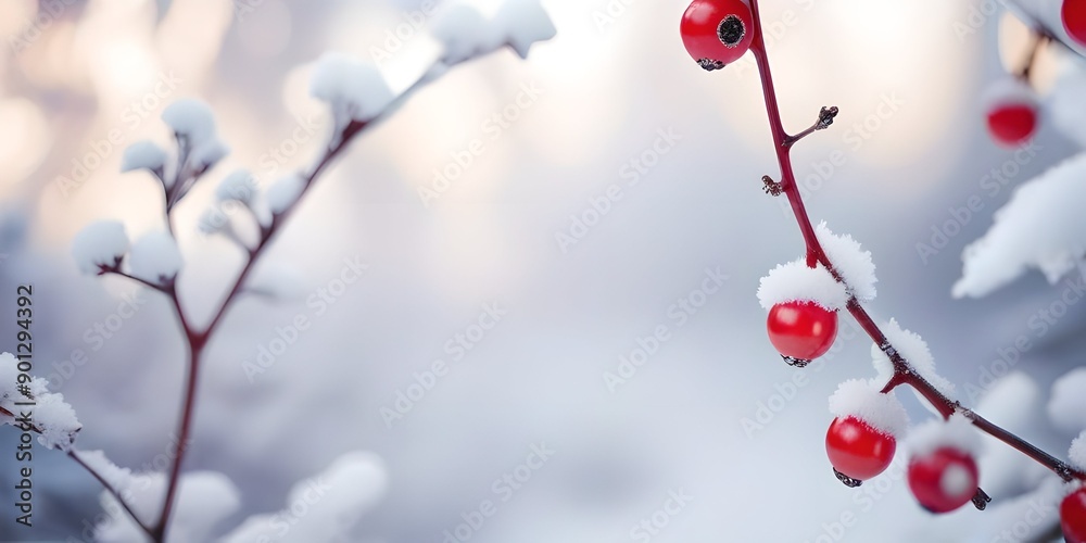 Aufkleber Beautiful winter Christmas background with branches and red berries covered with snow in the forest on a soft blurred background.