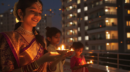 Obraz premium Indian young women lighting lamps on diwali festival