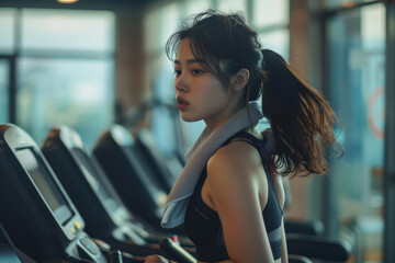 young beautiful woman running on treadmill at gym