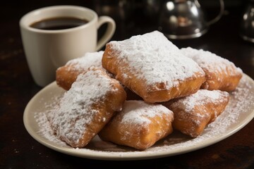 Indulgent Traditional beignets. Sugar dessert food. Generate Ai