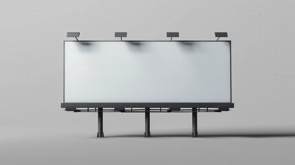Obraz premium A large, empty billboard with lighting fixtures stands against a plain gray background, ready for advertising content to be displayed.