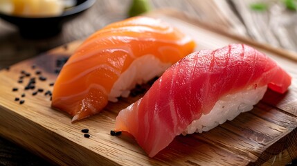Exquisite Nigiri Sushi Spread with Savory Salmon and Tuna on Wooden Board